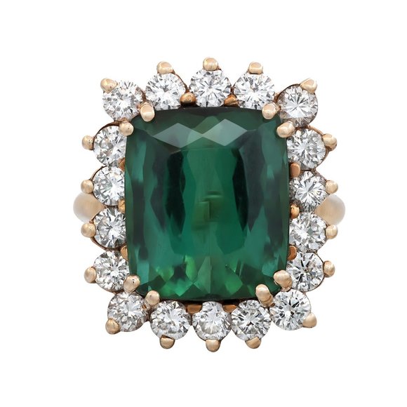 8.53Cts Green Tourmaline & 1.80Cts Diamond Ring 14K Yellow Gold Size 4.75 - Picture 2 of 5